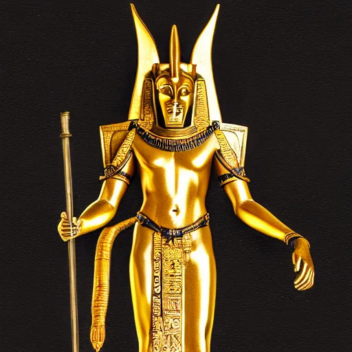 Image similar to a statue of anubis made of black ebony, decorated with gold and enamel,, elegant, epic, detailed, intricate, digital painting, concept art, studio photo, realistic detailed, smooth, focus, rim light