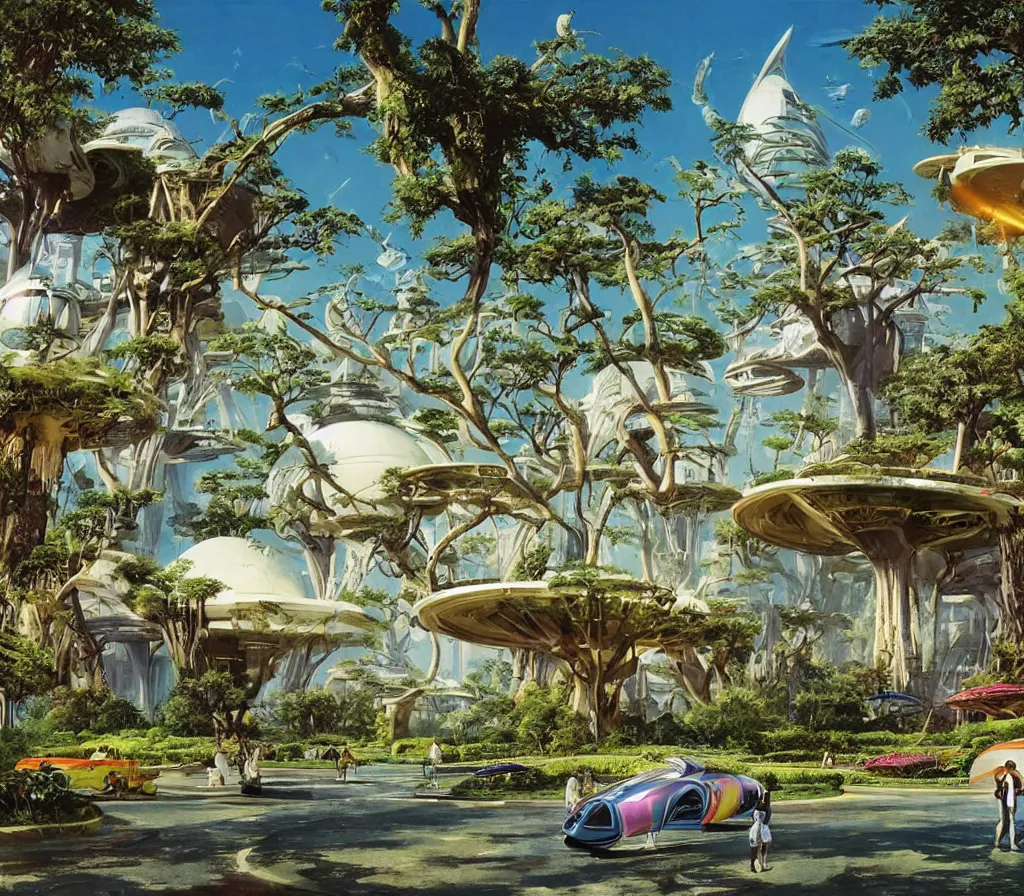 Prompt: a beautiful park with bridges and lawns and paths and baobab trees in an alien city, in the background a baroque temple, alien buildings, scifi, science fiction spacecraft is landing, multicoloured, syd mead, david curtis, john berkey,