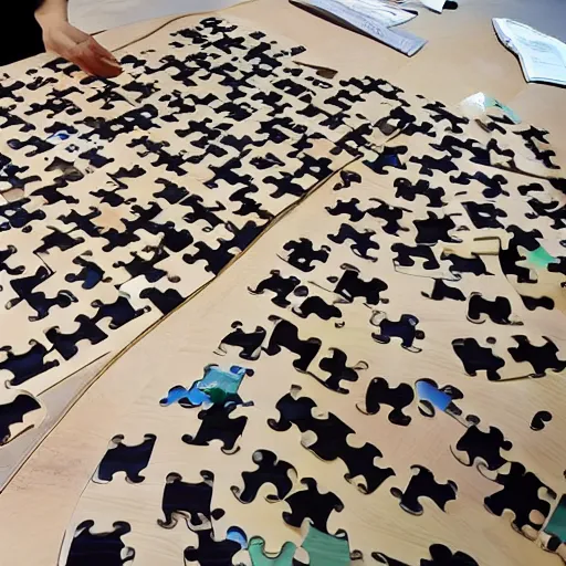 Image similar to Photograph of a book being constructed out of pieces like a giant puzzle