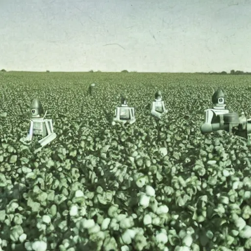 Image similar to robots working in the cotton field , 1824 , old photograph , 4k , HD