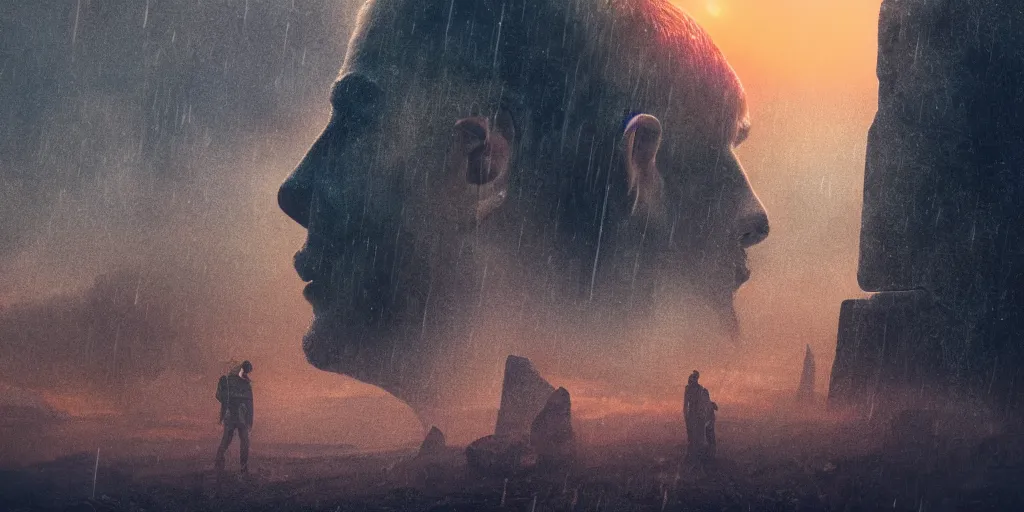 Prompt: a film still of bladerunner 2 0 4 9 by james paick, massive stone face in the landscape, half submerged, titled, cinematic, film art of character design, matte painting, vibrant, 5 0 mm lens, behance hd, sunrise, dramatic lighting, cinematic, global illumination, deviant art, trending on artstation, bloom