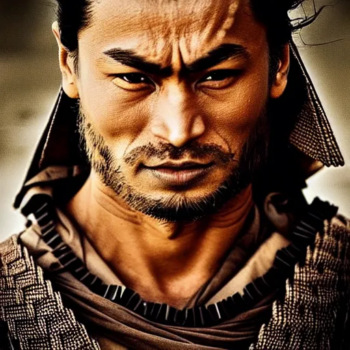 Image similar to handsome and strong! kurdish! samurai in a movie directed by christopher nolan, movie still frame, promotional image, imax 7 0 mm footage, perfect symmetrical facial features