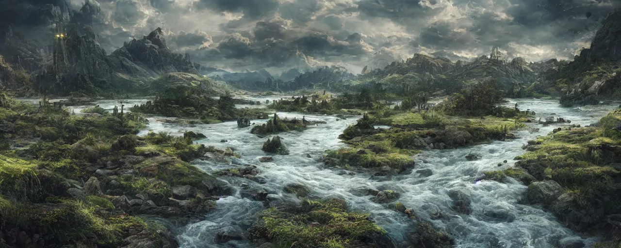 Image similar to ” otherwordly landscape with a river, [ by wlop, cinematic, detailed, epic, widescreen, opening, establishing, mattepainting, photorealistic, realistic textures, octane render ] ”