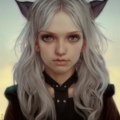 Prompt: a very cute silver haired girl with elf ears and heterochromatic eyes in the sunset wearing a black shirt and black pants, very beautiful face, symmetrical face, pretty face, very detailed eyes, highly detailed, cute, by greg rutkowski, alphonse mucha, wlop, artstation