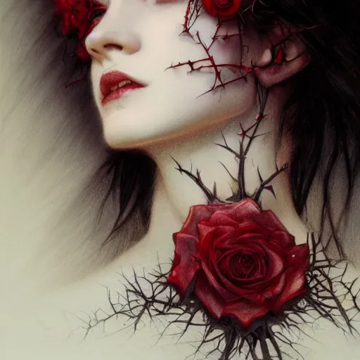 Image similar to side portrait of beautiful vampire, rose thorn crown, thorns everywhere, headshot, pale skin, 4k, bright white hair rule of thirds, extreme detail, detailed drawing, trending artstation, hd, fantasy, D&D, realistic lighting, by Alphonse Mucha, Greg Rutkowski, sharp focus, backlit, elegant