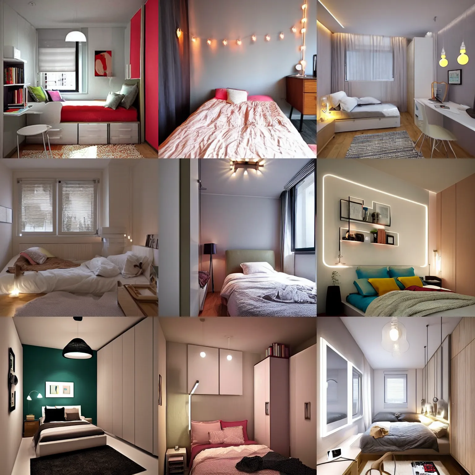 Prompt: ultra small apartment bedroom design, retro, lights