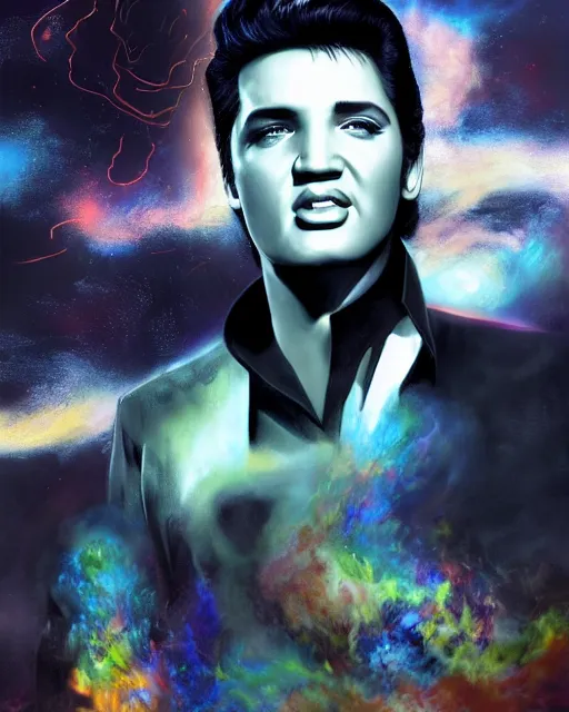 Prompt: a powerful energy elvis presley, by alexander fedosav, hyper detailed digital matte painting, concept art, hyperrealism, 1 6 k resolution, cinema 4 d, 8 k resolution, trending on artstation, behance hd, a masterpiece, by stephan martiniere, particles, power bright spotlight energy neon, by david a. hardy,