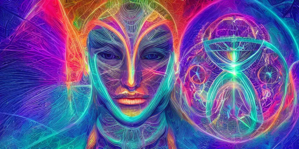 Image similar to transcendence into collaborative intelligence, endless collaboration with ai, connectedness, body, lcd, by alex grey, album cover, award winning, beautiful, colorful, volumetric lighting, trending on artstation, cinematic
