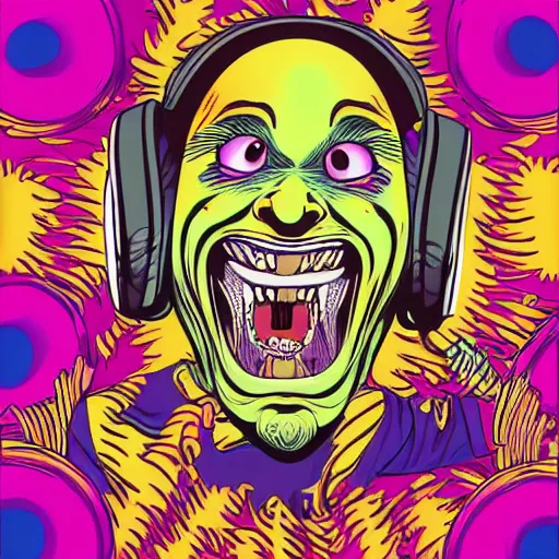 Image similar to artgerm, psychedelic laughing demon, rocking out, headphones dj rave, digital artwork, r. crumb, svg vector