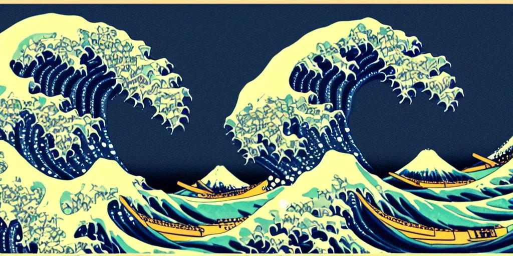 Prompt: The Great Wave off Kanagawa by GMUNK, Pi-Slices and Kidmograph, psychedelic version