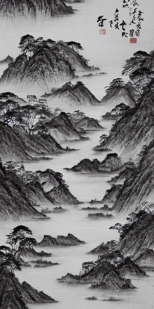 Prompt: Environmental shot, Beautiful!!!!! chinese ink-wash painting of a river!!!, beautiful brush strokes, red ink, birds flying , shui mo hua, highly intricate