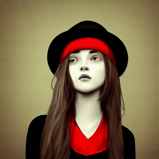 Prompt: highly detailed, teenage girl in a tall black hat with red strip, profile face, digital art, gray scale, anime style