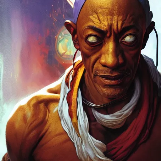 Image similar to giancarlo esposito as dhalsim street fighter, 4 k, ultra realistic, detailed focused art by artgerm and greg rutkowski and alphonse mucha