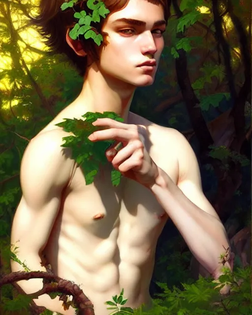 Prompt: stylized portrait of an artistic pose, composition, young faun surrounded by nature, realistic shaded, fine details, realistic shaded lighting poster by ilya kuvshinov, magali villeneuve, artgerm, jeremy lipkin and michael garmash and rob rey