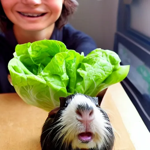 Image similar to a guinea pig looking excited with a lettuce pizza in front of them