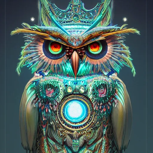 Image similar to detailed portrait of a alien magical owl, wearing a diamond crown, glowing feathers, halfway through, hyper detailed, stylistic, symmetrical, ethereal bohemian, detailed render, hdr, octane render