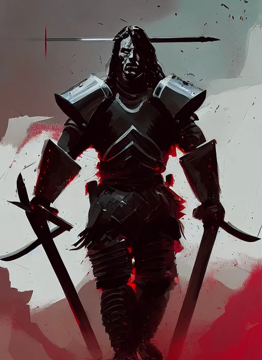 Image similar to schwarzenegger, long hair, wearing a black and red armor and two swords, by ismail inceoglu