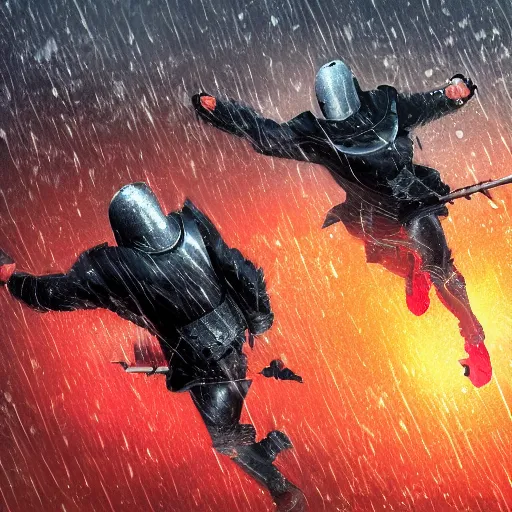 Prompt: Two Black Knights fighting in the rain, 8k resolution, artstation trending
