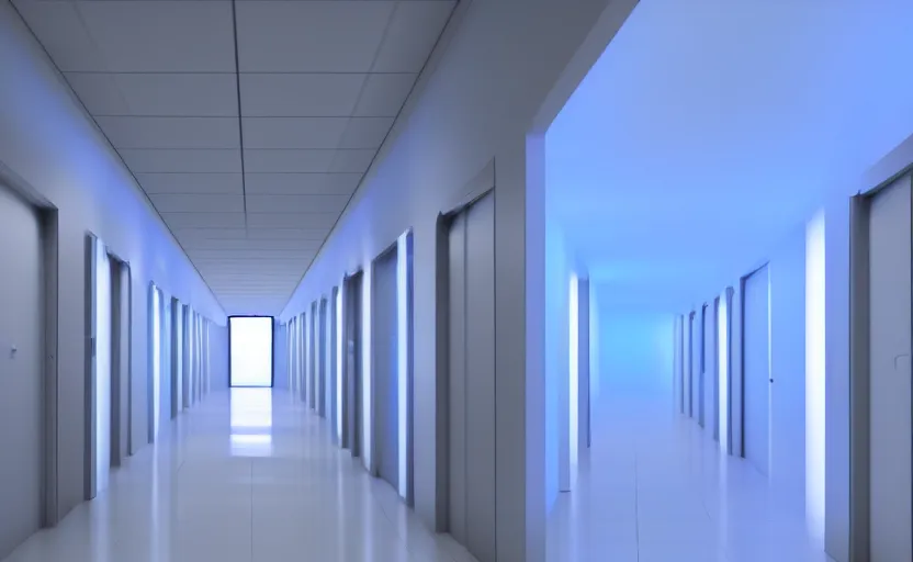 Image similar to an hallway in hospital with soft blue lights in the roof, octane render, artstation trending, highly detailded