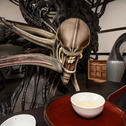 Image similar to xenomorph alien drinking chinese tea in a chinese tea house