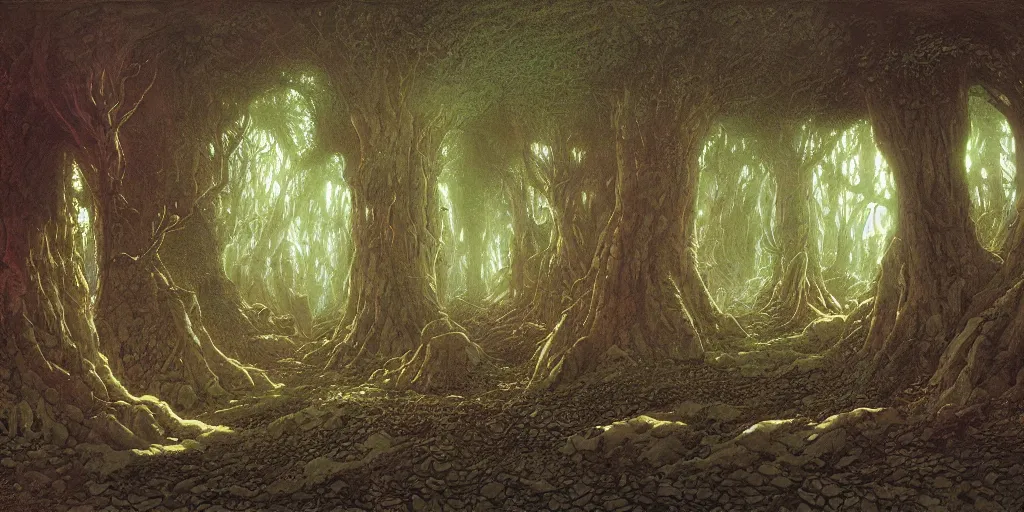 Image similar to Artwork by John Howe of the cinematic view of the Celestial Forest of Buried Enchantments.