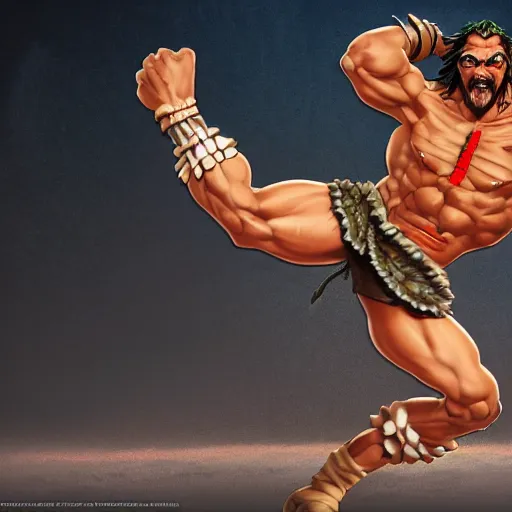 Prompt: jason momoa as dhalsim street fighter, high kick, ultra realistic, concept art, intricate details, highly detailed, photorealistic, octane render, 8 k, unreal engine, art by frank frazetta, simon bisley, brom