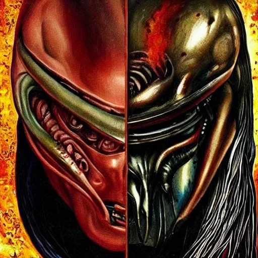 Prompt: a beautiful portrait painting of predator movie alien wearing a samurai. high renaissance.