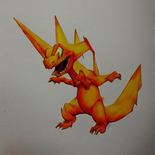 Image similar to charizard, watercolors, trending, artstation, stained paper