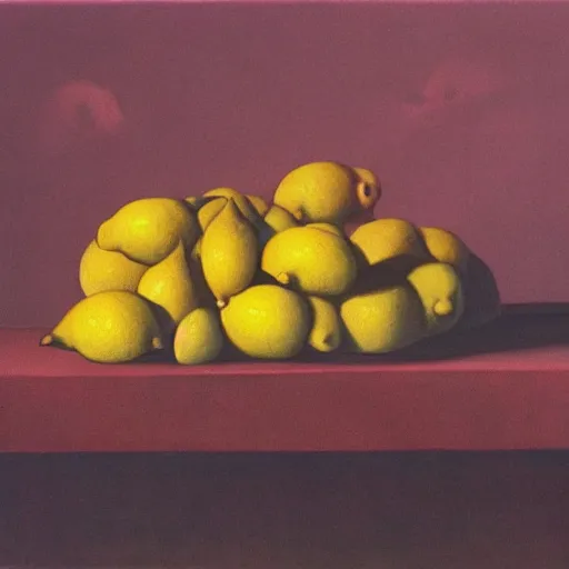 Prompt: a painting of a bunch of lemons on a table, a surrealist painting by zdzisław beksinski, trending on cgsociety, vanitas, cyanotype, apocalypse landscape, photo taken with provia