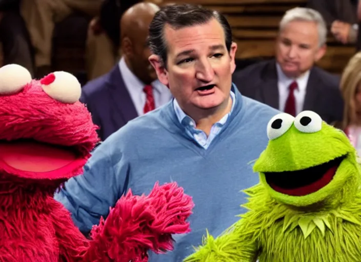 Image similar to ted cruz on the floor getting stomped and kicked by a gang of muppets on sesame street