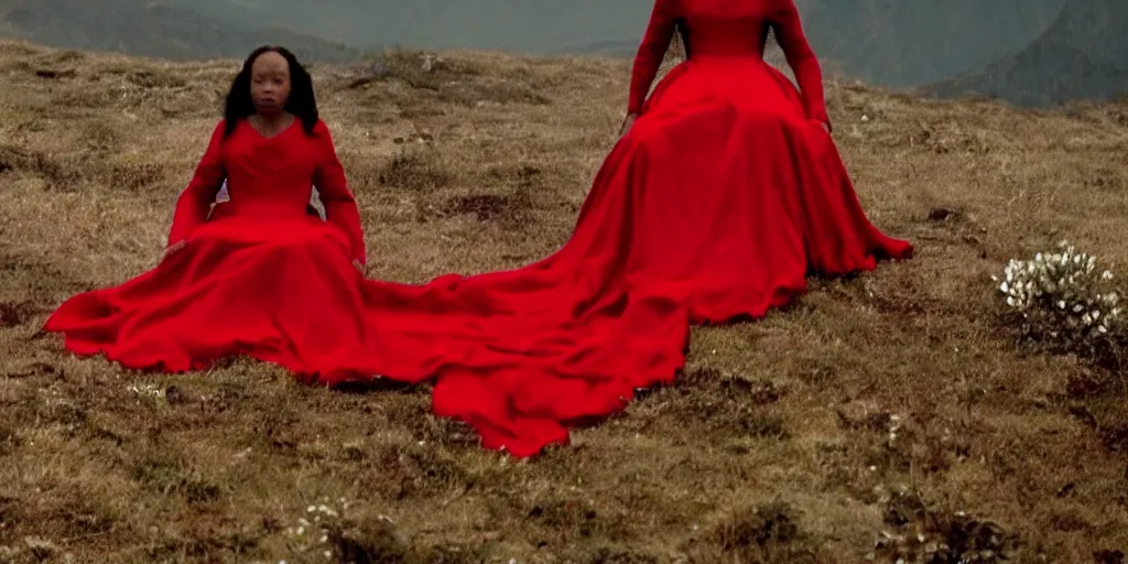 Prompt: film still of closeup a woman in a red dress, sitting on a throne. on a mountain of dead knights. one knight standing on one knee below by emmanuel lubezki