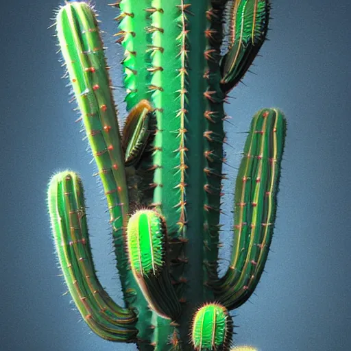 Image similar to Close-up shot.3d hard surface design, octane rendered, robotic bionic Technical, robotic Cactus design, hardops, Bionic Arms and eyes, artstation trending, wow, 8k, in style of Moebius, Android Jones