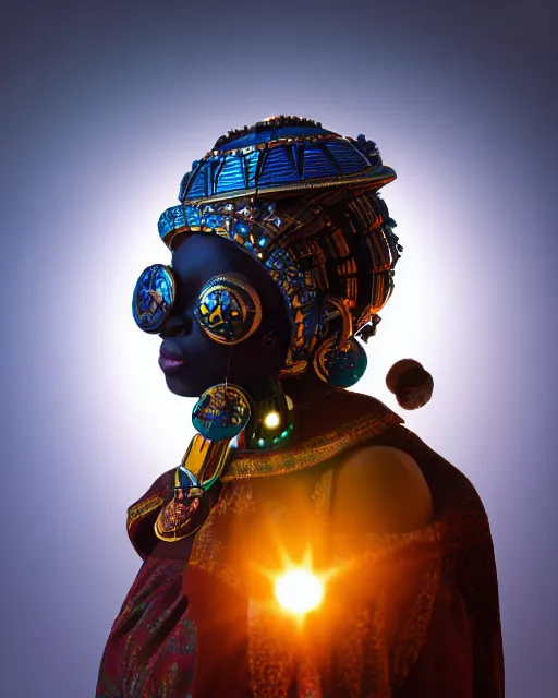 Prompt: centered medium shot fine studio photograph of a beautiful black girl wearing only a solarpunk mecha Maasai helmet with bright lights, ultra-realistic, white background, 8k HDR sunset lit, intricate design