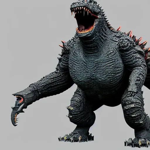 Image similar to hard surface, robotic platform, based on godzilla, 6 claws, symmetric, unreal engine