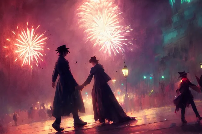 Prompt: two people find love at the witchlight carnival travelling temporary small amusement park, fireworks romantic, night time, high octane filter, 8 k, highly detailed, digital painting, concept art, matte, art by ruan jia and wlop and greg rutkowski and makoto shinkai, masterpiece