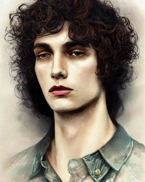 Image similar to a beautiful but sinister young man in layers of fear, with haunted eyes and curly hair, 1 9 7 0 s, seventies, delicate embellishments, a little blood, painterly, offset printing technique, mary jane ansell