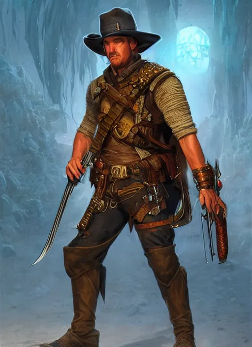 Image similar to short hair stubble male gunslinger shooter, dndbeyond, bright, realistic, dnd character portrait, full body, art by ralph horsley, dnd, rpg, lotr game design fanart by concept art, behance hd, artstation, deviantart, global illumination radiating a glowing aura global illumination ray tracing hdr render in unreal engine 5
