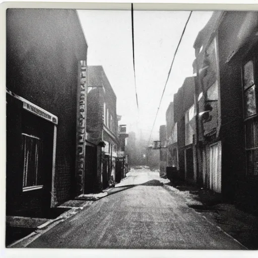 Image similar to A polaroid of aa street with no one on it but a horrifying creature. Black and white, grainy, dark colors, cinematic lighting, hyper detailed.