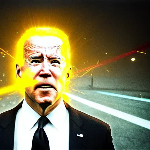 Image similar to portrait of asphalt face, joe biden, lasers shooting out of glowing eyes, smooth reflections, angry looking at camera, outdoor, black sky, 8 k, realistic, depth of field, rule of thirds, highly detailed, award winning photography.