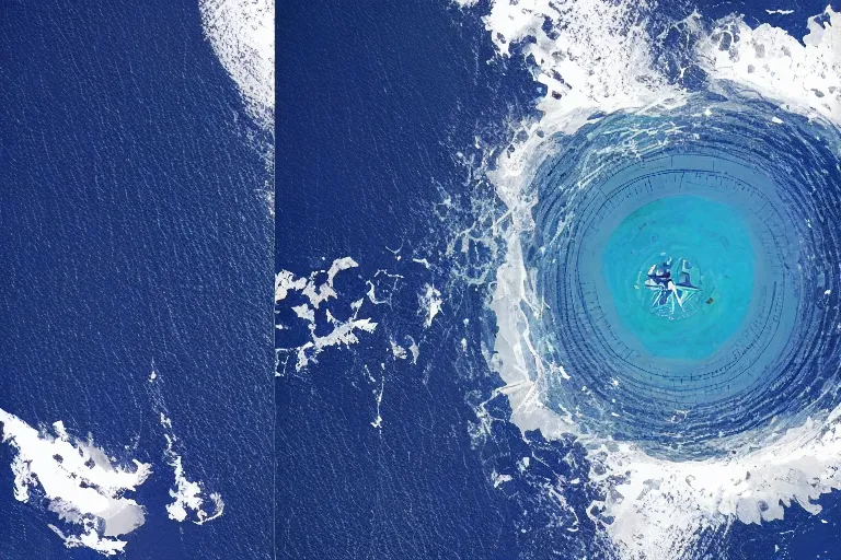 Prompt: brigantine sailing around massive whirlpools. next to a massive cube in the middle of the ocean. seen from space photograph in the style of jean guichard's la jumont. r / superstructures