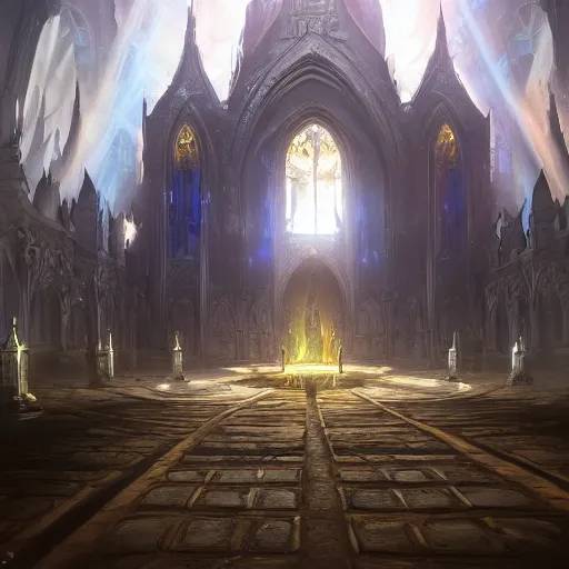 Prompt: a huge dark eldritch cathedral filled with blue ray traced light by WLOP and tony sart and bekinski, god rays, fantasy art, 4k, HDR, photorealistic, 8k, trending on artstation