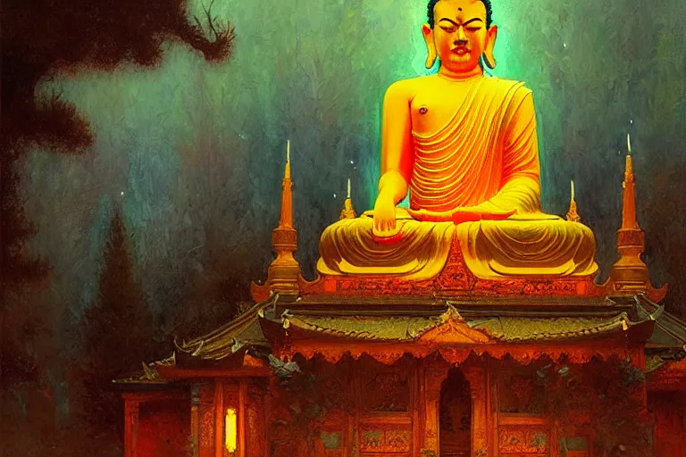 Image similar to mausoleum, buddhism, neon light, painting by gaston bussiere, greg rutkowski