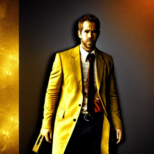 Image similar to a portrait of a Ryan Reynold as a John constantine, DC, yellow aura, magic, fantasy, HDR, natural light, shoulder level shot, dynamic pose, demons, award winning photograph, Mucha style 4k,