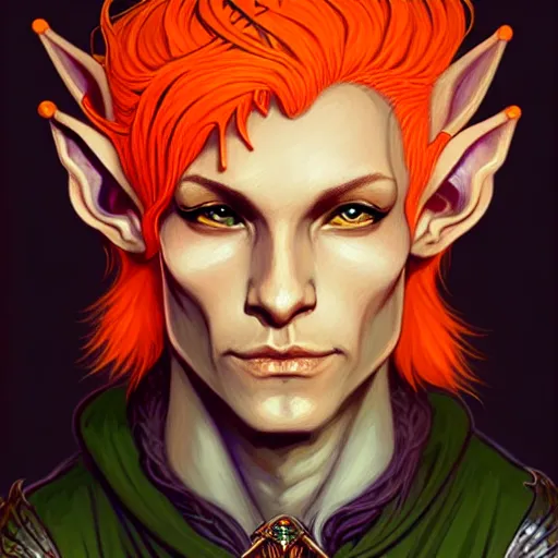 Prompt: portrait painting of an elven eladrin young man with very short light orange hair and tribal tattoos in his cheekbones wearing fur armor, d & d, rpg, sharp focus, award - winning, trending on artstation, masterpiece, highly detailed, intricate. art by josan gonzales and moebius and deathburger