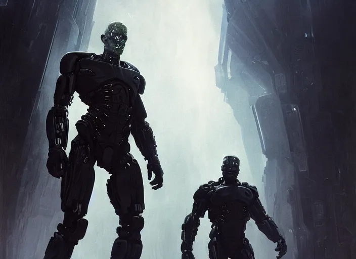 Prompt: james cameron as victor stone, full body concept, cyborg, borg, strogg, face of a man, terminator, flesh, quake strogg, doom demon, wolfenstein, monstrous, powerful, symmetry, symmetrical, concept art by ruan jia and greg rutkowski