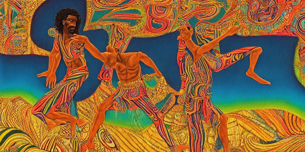 Prompt: an abstract tropical landscape, portrait of a dark - skinned greek god dancing. 2 4 mm, photorealistic, muted color scheme, directed by mati klarwein