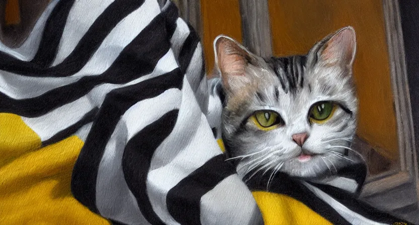 Image similar to oil painting extreme wide shot of a white and grey tabby cat wearing a black yellow striped hufflepuff scarf, in the Gloucester Cathedral cloisters, digital painting, high detail, award-winning, playful