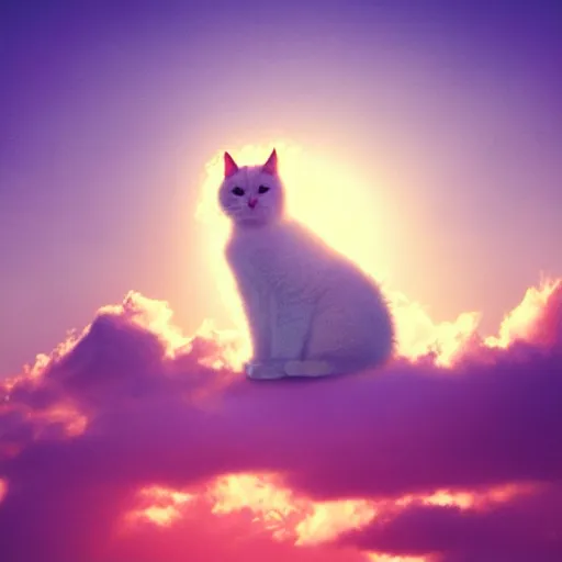 Image similar to a white fluffy cat sitting on a light purple cloud, pastel pink sky, beautiful lighting, magical