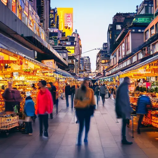 Image similar to busy marketplace in a futuristic city during dawn