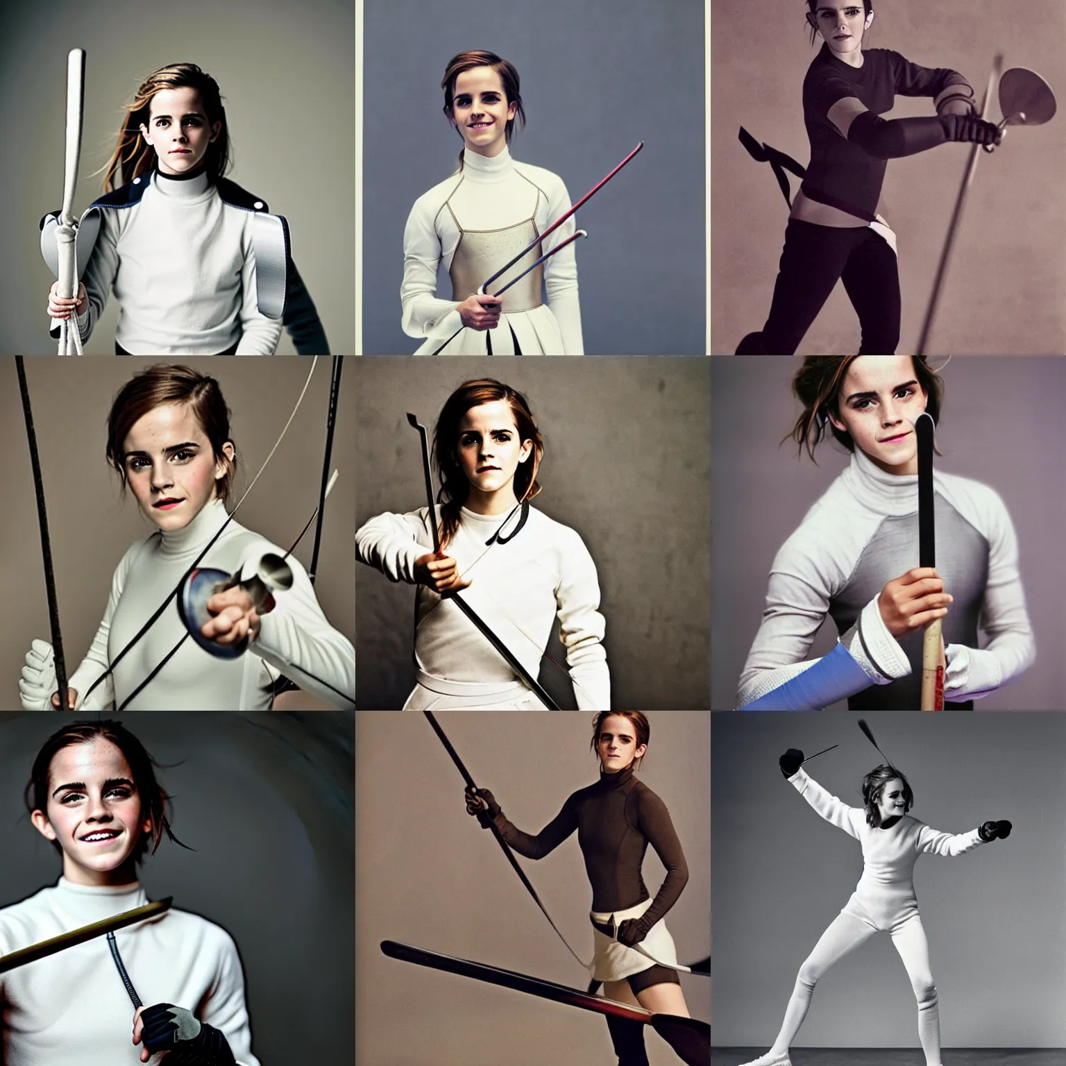 Prompt: Emma Watson as a fencer, holding an epée toward the camera, smiling, photo by Annie Leibovitz